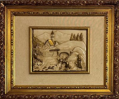 High relief plaque, Landscape with house, bridge, river and washerwomen. Height 0.20 x 0.25.