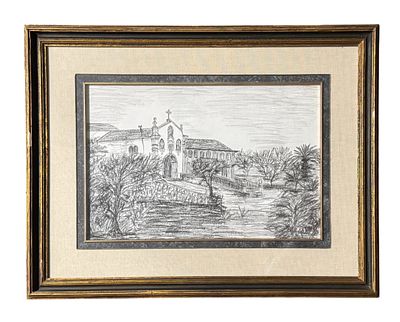 Desenho a “crayon”, Vista de Capela. Assinado e datado no canto inferior direito. Alt. 0,26 x 0,40.