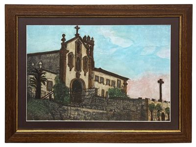 Técnica-mista, Vista de igreja. Assinado. Alt. 0,27 x 0,41.