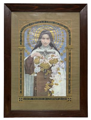 Quadro grande, litografia colorida, Santa Teresa. Sobra obra de Edgard Maxence. Alt. 0,73 x 0,51.