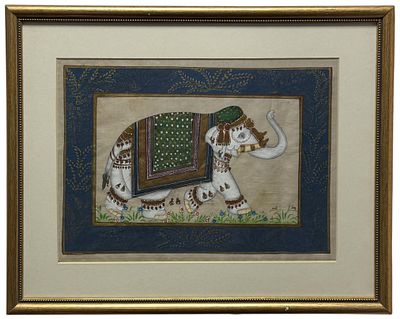 Quadro oriental, pintura sobre seda, Elefante ornamentado. Alt. 0,25 x 0,355.