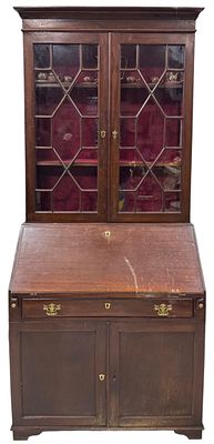 Antique mahogany writing desk, with a raised section, English style, with two doors, one drawer 