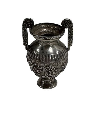 Miniature amphora with flowers and other motifs in relief, in 835 silver, with eagle hallmark – 