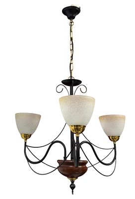 Ceiling lamp, in metal and wood, with three arms and glass shades. Height 0.50. Diameter 0.56.