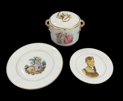 "Bombonni&egrave;re" (with a broken and glued handle) and 2 plates, in Vista Alegre porcelain 