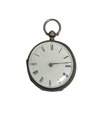 Antique pocket watch with a key mechanism and a silver case. One hand is missing, and it is not 