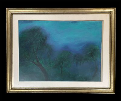 Large painting, color lithograph, countryside scene with trees. Height 0.55 x 0.74.