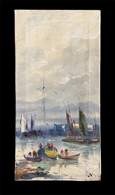 Oil painting on canvas, Seascape with boats. Signed in the lower right corner. Unframed. Height 