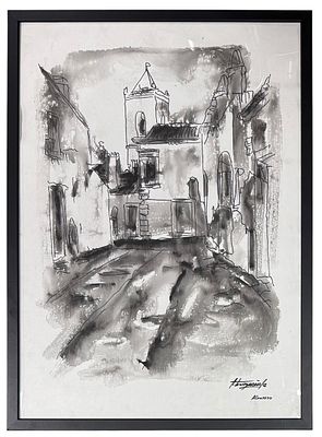 Watercolor, Street with houses – Alentejo. Signed GUIMAR&Atilde;ES (Jos&eacute; Guimar&atilde;es Santos). Height 