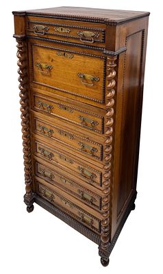 Antique "abatant" secretary desk, made of walnut with carved details featuring twists and 