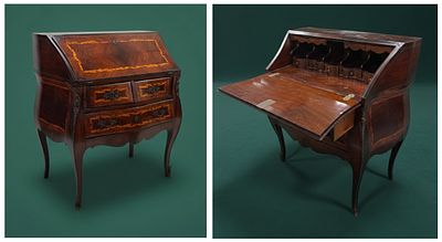Louis XV style writing desk, veneered in rosewood, with thorn inlays, curved front and sides 