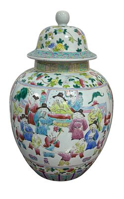 Antique Chinese porcelain pot with lid, polychrome decoration with figures and flowers. Height 