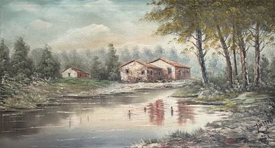 Large painting, oil on canvas, Countryside scene with houses and river. Signed JUPITER. Height 