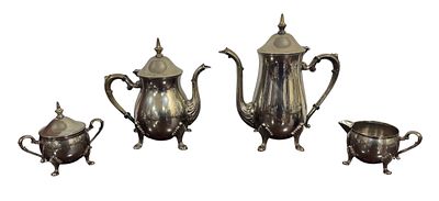 Tea and coffee service, in silver-plated metal, consisting of a teapot, coffee pot, milk jug 