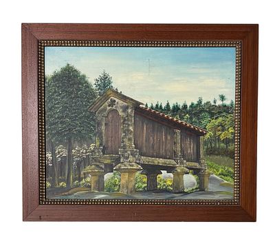 Oil painting on canvas, Countryside scene with granary. Signed: C&acirc;ndida Enes. Height: 0.40 x 0.50.