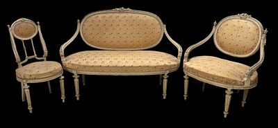 A living room set consisting of a sofa, a pair of "berg&egrave;res" (a type of sofa), and a pair of 