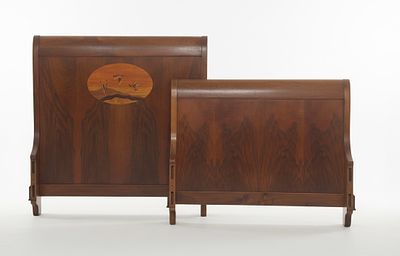 Romantic mahogany bed, decorated with a landscape print featuring ducks. Made by Valenti - 