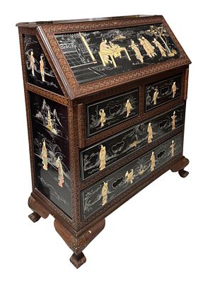 Antique Chinese writing desk, made of lacquered and painted exotic wood, with a folding top and 