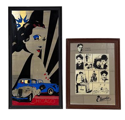 2 glass panels depicting Charlie Chaplin and Chicago, decorated with figures and other motifs. 