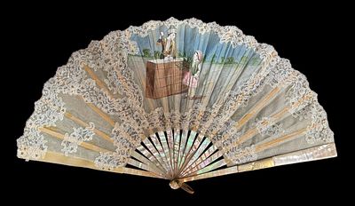 Romantic fan, with mother-of-pearl sticks and silk fabric painted with a country scene and 