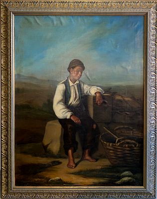 Large painting, oil on canvas, Landscape with a boy sitting next to a basket. Signed REIS – 