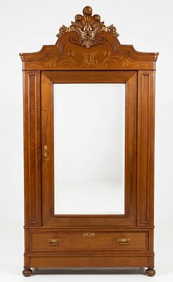 Romantic walnut wardrobe with one mirrored door and two drawers. Height 2.43 x 1.20.