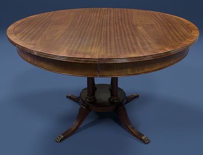 Mesa de sala-de-jantar, redonda, estilo ingl&ecirc;s, de mogno, com p&eacute; central. Diam. 1,20. Sem 