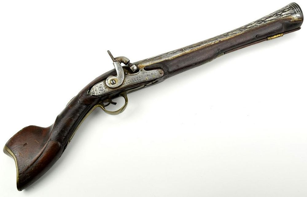 Large Islamic Ottoman Turkish Blunderbuss Knee Gun Pistol ~ Heavily Silver Inlaid Barrel ~ 