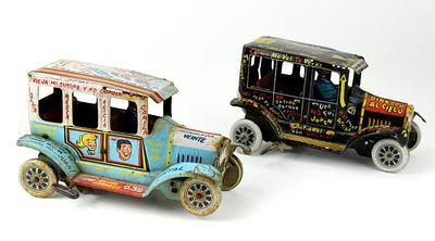 Pair 1950's Marx Old Jalopy Tin Lithographed Wind Up. Lot of 2 Marx Old Jalopy pressed tin 