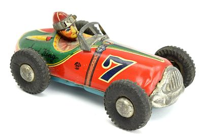 Antique TIN JAPAN FRICTION RACE CAR AND DRIVER "SPEED. Fine all original tin " Speed King" #7 