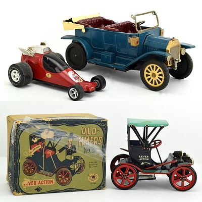 Lot 3 Vintage Metal Toy Cars. Fine lot of 3 vintage metal toy cars.Old Timer No.2 lever auction 
