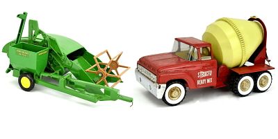 VINTAGE RED STRUCTO READY MIX TRUCK & JOHN DEERE 12A. Lot 2 vintage toys.Vintage PRESSED STEEL 