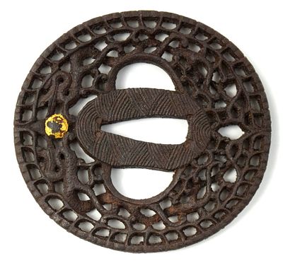 18th C. Japanese Sword Iron Tsuba. Size: 2 13/16" x 2 5/8". Detailed condition reports are not 