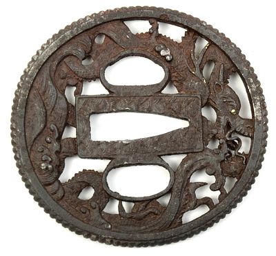 18th Century Japanese Samuari Iron Tsuba. Size: 2 13/16" x 2 11/16". Detailed condition reports 
