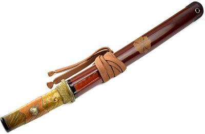 Very Nicely Mounted Japanese Tanto Dagger Knife. With red lacquer bearing family mon scabbard 