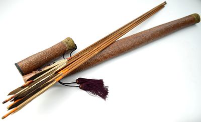 Old Japanese Samurai Quiver with Arrows. Total length: 47 1/2", Arrow length: 41 3/4". Detailed 