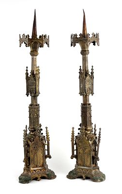 Pair Antique Bronze Church Gothic Revival Candlesticks. Pair Antique Bronze Gothic Revival 