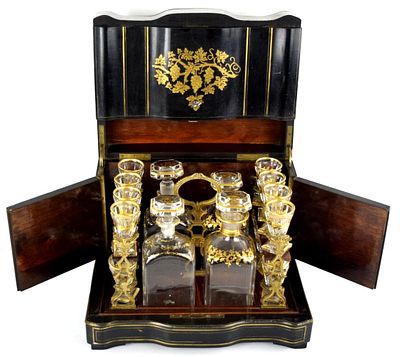 19th C. French Napoleon III Style Ebonized Tantalus Liquor Cabinet Having Intricate Gold Inlaid 
