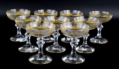 9 Val St Lambert Danse de Flore Gold Crystal Glass Champagne Saucers Goblets. Beautiful set of 9 