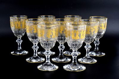 9 Val St Lambert Danse de Flore Gold Crystal Glass Water/Wine Goblets. Beautiful set of 9 