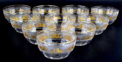 9 Val St Lambert Danse de Flore Gold Crystal Glass Dessert Fruit Bowls. Beautiful set of 9 