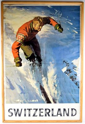 Vintage Switzerland Skiing Travel Poster c.1950s. Rare original vintage Switzerland skiing 