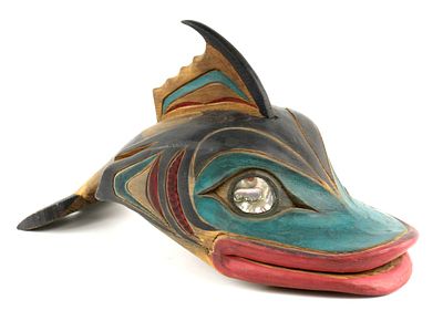 Ivan Otterlifter ( Cyot ) Northwest Coast Carved Wood Abalone Eyes Large Fish. Vintage native 