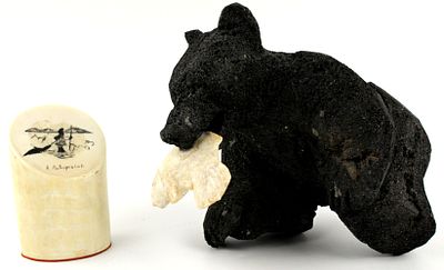 Group Arctic Eskimo Ossified Bone Bear and Signed Scrimshaw Paperweight . Carved bear holding 