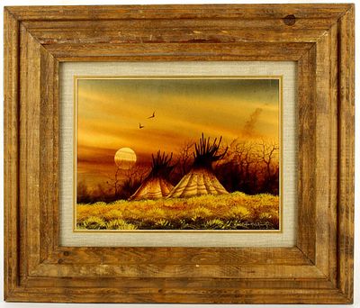 American Michael C.McCullough Acrylic Painting. Acrylic untitled painting of Indian camp by 