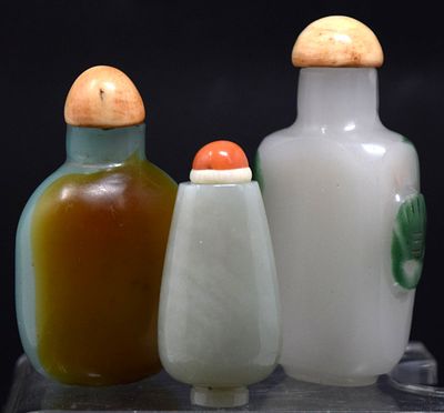 Lot of 3 Antique Chinese Carved Jade and Agate Snuff Bottles. Very fine group of three antique 