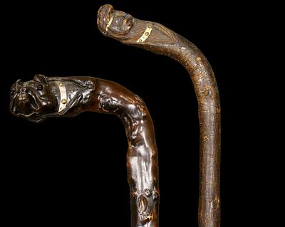 Lot of 2 Vintage Antique American Folk Art Carved Wood Primitive Walking Canes Sticks Total 