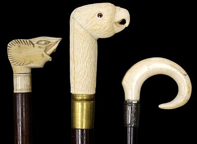 Lot of Three Vintage Canes Walking Sticks Total lengths: 35 1/4", 36 1/4", and 37 3/4". No 