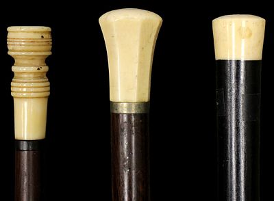 Lot of Three Various Antique Walking Canes Sticks. Total length 34 3/4" 35 7/8", and 35 1/4". 