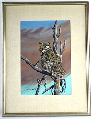American Donald Malick Grey Horned Owl Painting. Very fine acrylic painting "Grey Horned Owl" by 